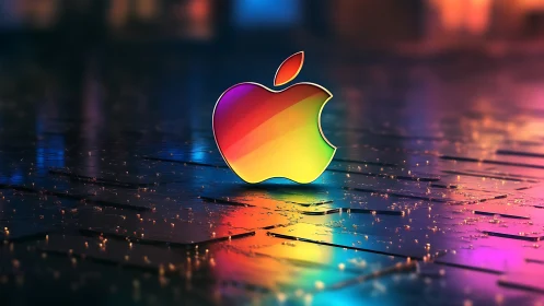 Rainbow apple-shaped logo rests on reflective circuit board