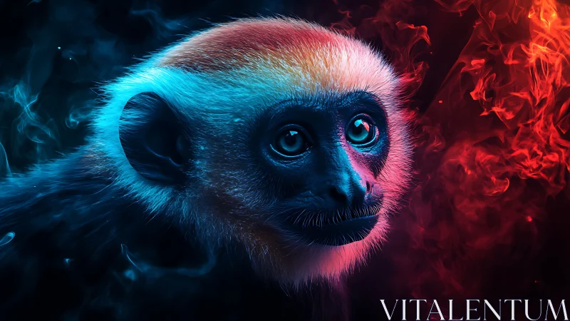 Neon-lit monkey portrait contrasts cyan glow with red flames