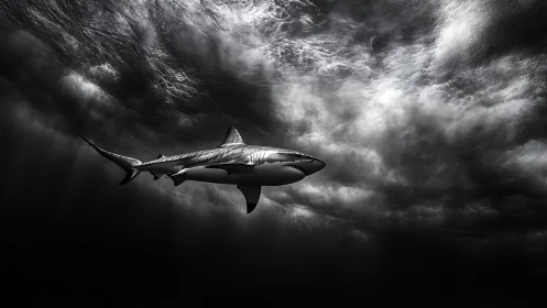 Lone shark glides under stormy waves in dramatic contrast