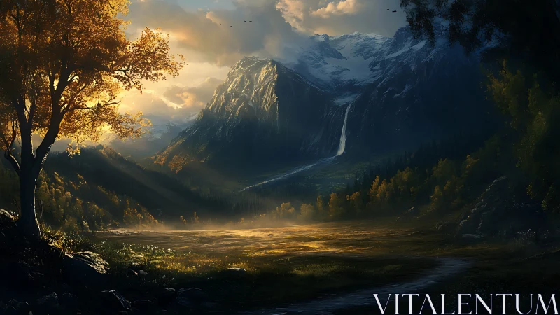 Sunlit valley below snowcapped mountains with waterfall view.