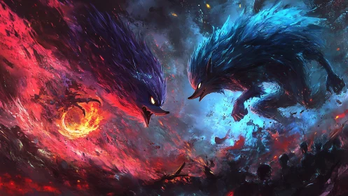 Elemental wolf spirits clash in a cosmic inferno of power.