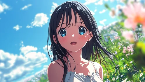Bright-eyed girl enjoys a sunny flower field moment