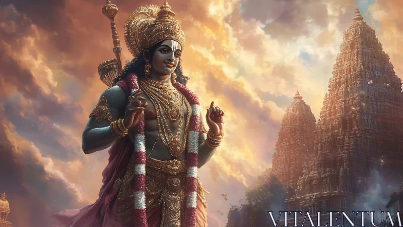 Divine warrior deity framed by radiant temple spires.