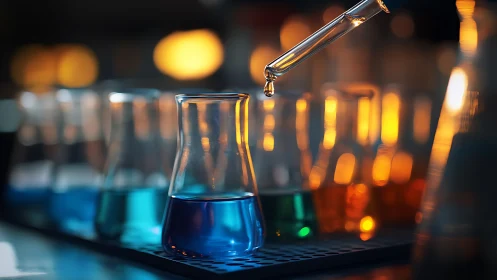 Glowing lab beakers and gentle droplets in cozy light.