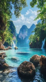 Coastal lagoon with karst cliffs, waterfalls, and clear water.