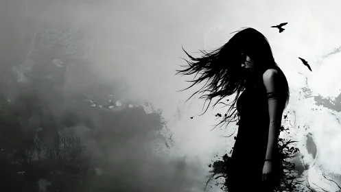 Solitary silhouetted woman amid stormy grayscale haze