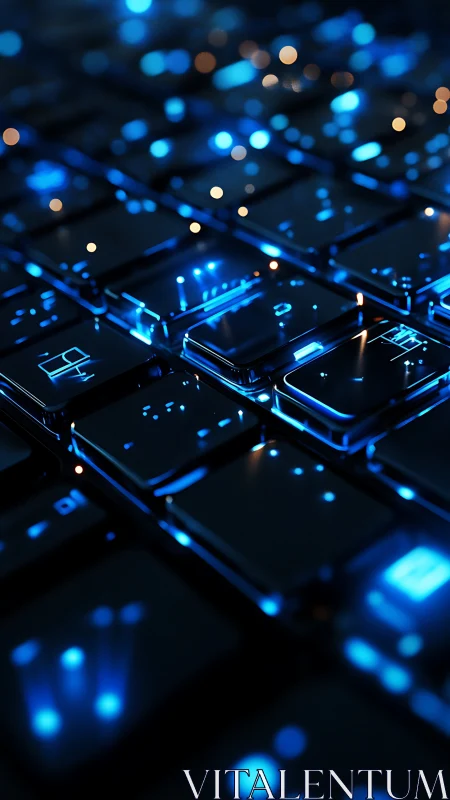 Glowing blue keyboard keys in a cozy digital nightscape.