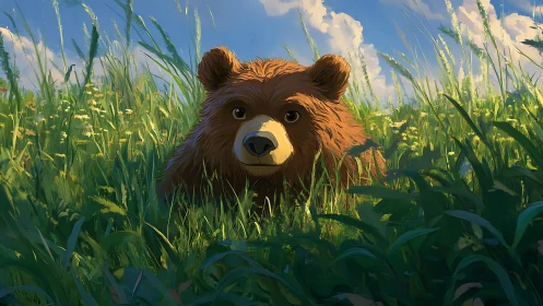 Digital painting of young bear nestled in sunlit meadow grass.
