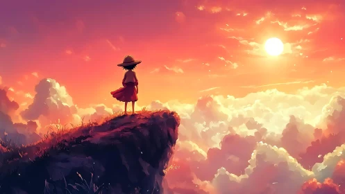 Sunset daydreamer standing at the edge of bright cloud seas.