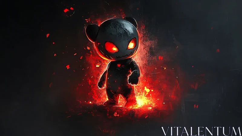 Fiery stitched creature glows warmly in a dark smoky void