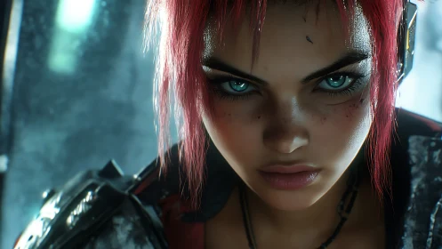 Cyberpunk warrior locks eyes with viewer in neon-lit stare.
