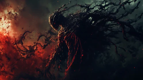 Shadow entity emerging through molten inferno clouds.