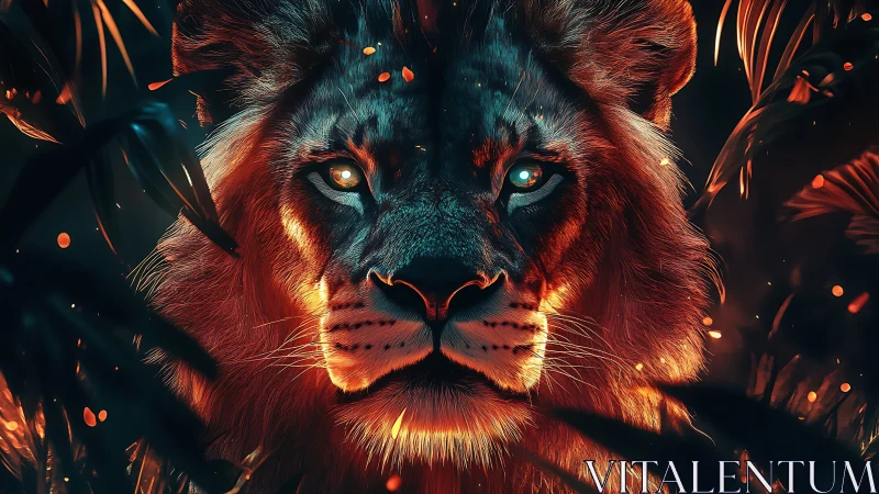 Lion face glows with orange and teal rim lighting effects