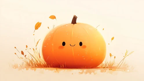 Soft-lit kawaii pumpkin illustration with autumn grass details