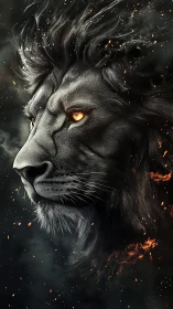 Fiery-eyed black lion emerges from swirling embers and smoke.