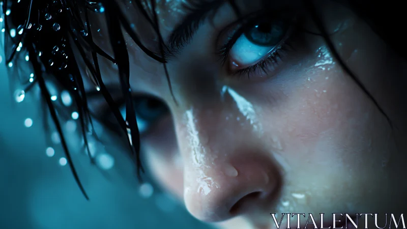 Intense blue eyes hold a quiet story in the misty glow