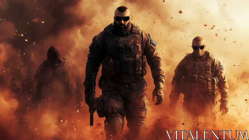 Heavily armed tactical squad in dense orange battlefield smoke.