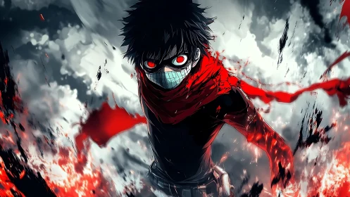 Masked figure with red scarf amid abstract explosion scene.