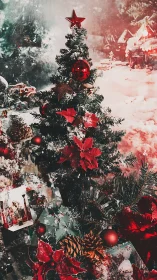 Layered Christmas tree collage under snowy holiday glow.