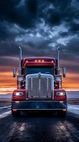Red semi truck under stormy sunset sky on wet highway.