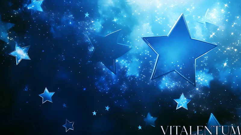 Glowing blue star shapes float through luminous cosmic field