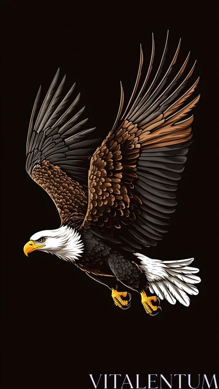Stylized bald eagle in dramatic mid-flight illustration.