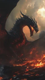 Volcanic obsidian dragon emerging from molten lava field.