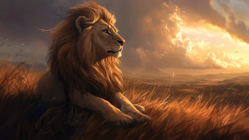Backlit lion studies sunset plains with high contrast rim lighting