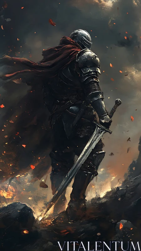 Lone armored wanderer crossing embers and gathering storm.