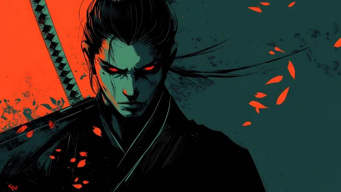 Focused samurai portrait in red and teal contrast palette.