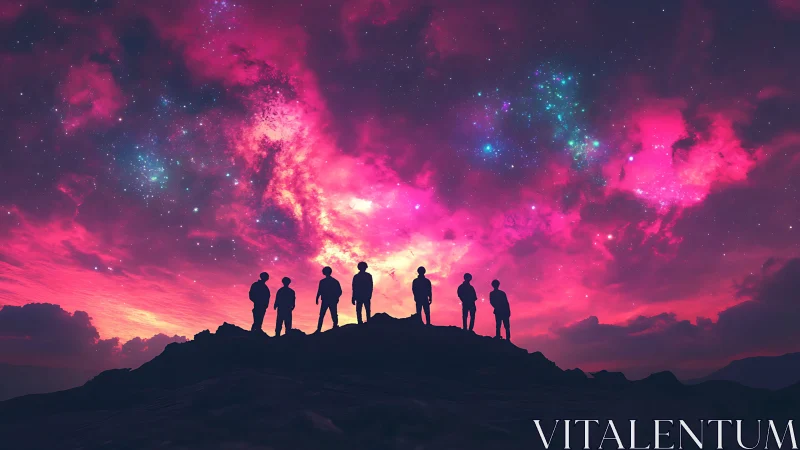 Silhouetted stargazers quietly negotiate with a magenta sky