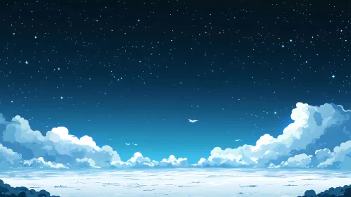 Starlit clouds embrace a tranquil midnight flight above seas.