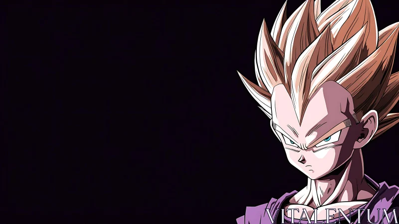 Intense anime warrior portrait on dark empty background.