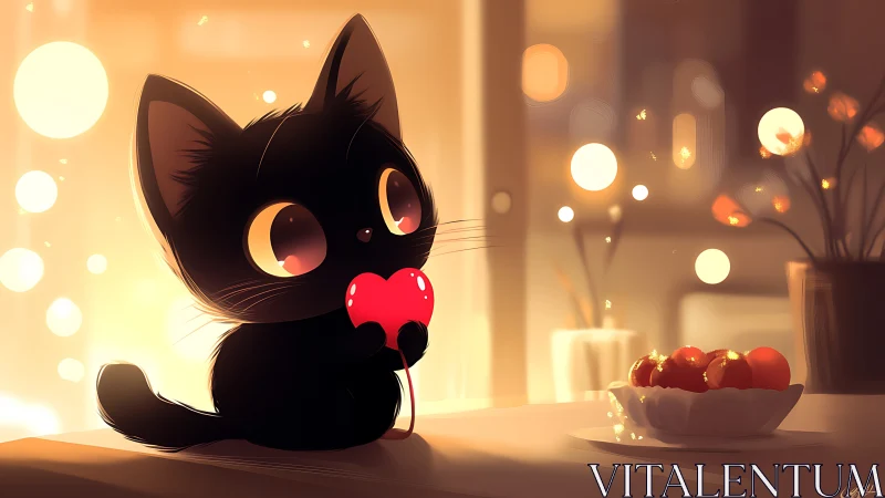 Black cat silhouette holding red heart against warm bokeh lighting