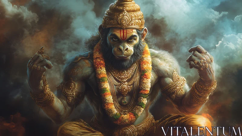 Divine simian warrior in ornate gold armor dominates storm clouds