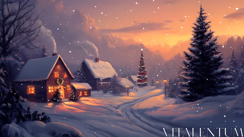 Snow-laden cabin and lit tree under warm dusk sky in winter valley