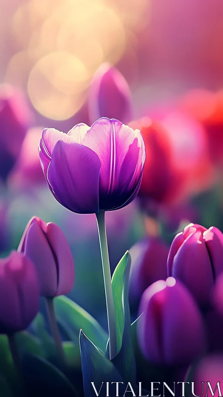 Purple Tulips Illuminated: Soft Focus Botanical Study with Warm Bokeh.
