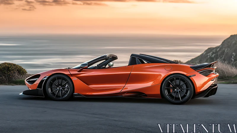 Orange convertible supercar parked by coastal roadway.