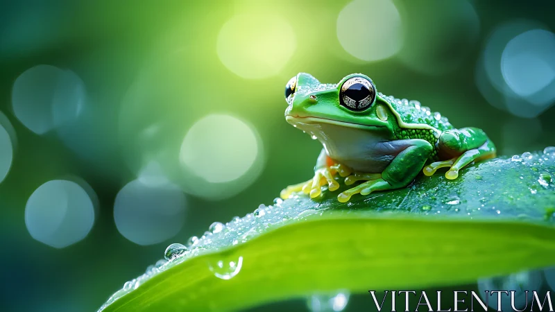 Frog rests on dew-covered leaf against defocused bokeh field