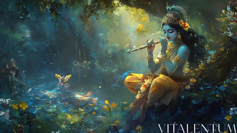 Divine flutist rests in a glowing forest of mystical light