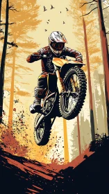 Motocross rider launches through forest trail in fiery dusk air