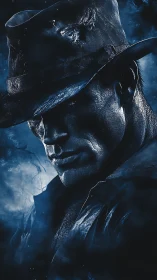 Noir cowboy portrait in blue cinematic rim light.