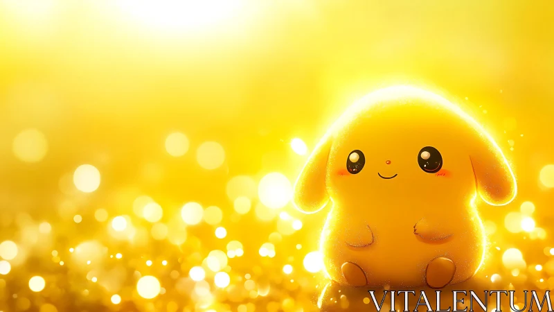 Glowing chibi creature in radiant golden bokeh field.
