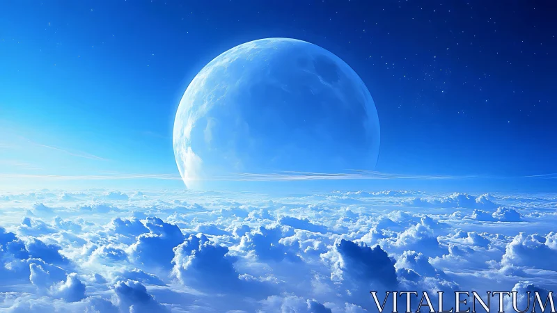 Moonrise above cloud oceans in luminous celestial blue.