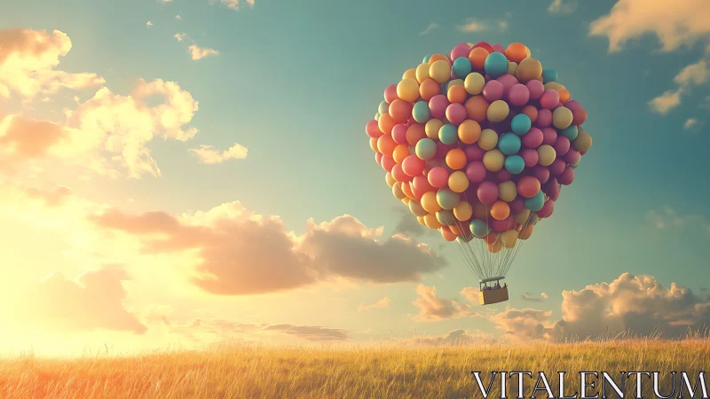 Multicolored balloon cluster lifting a basket over sunlit field.