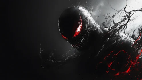 Symbiotic shadow entity with glowing red eyes, digital render.