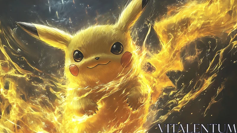 Pikachu surrounded by swirling golden fire effects.