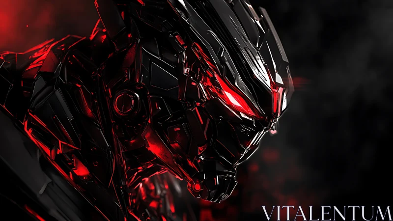 Chromed robotic head with red illuminated accents in shadow.