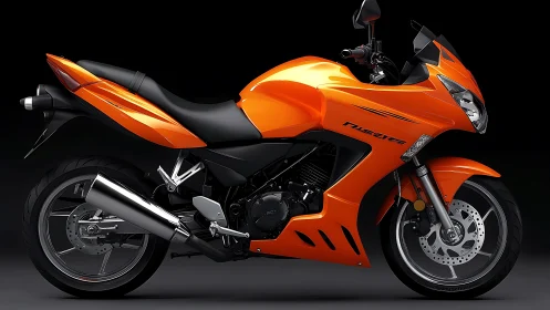 Orange sport-touring motorcycle in lateral studio illumination.