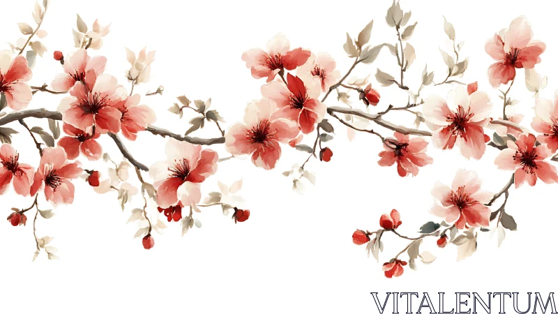 Watercolor Cherry Blossoms on Branches with Buds
